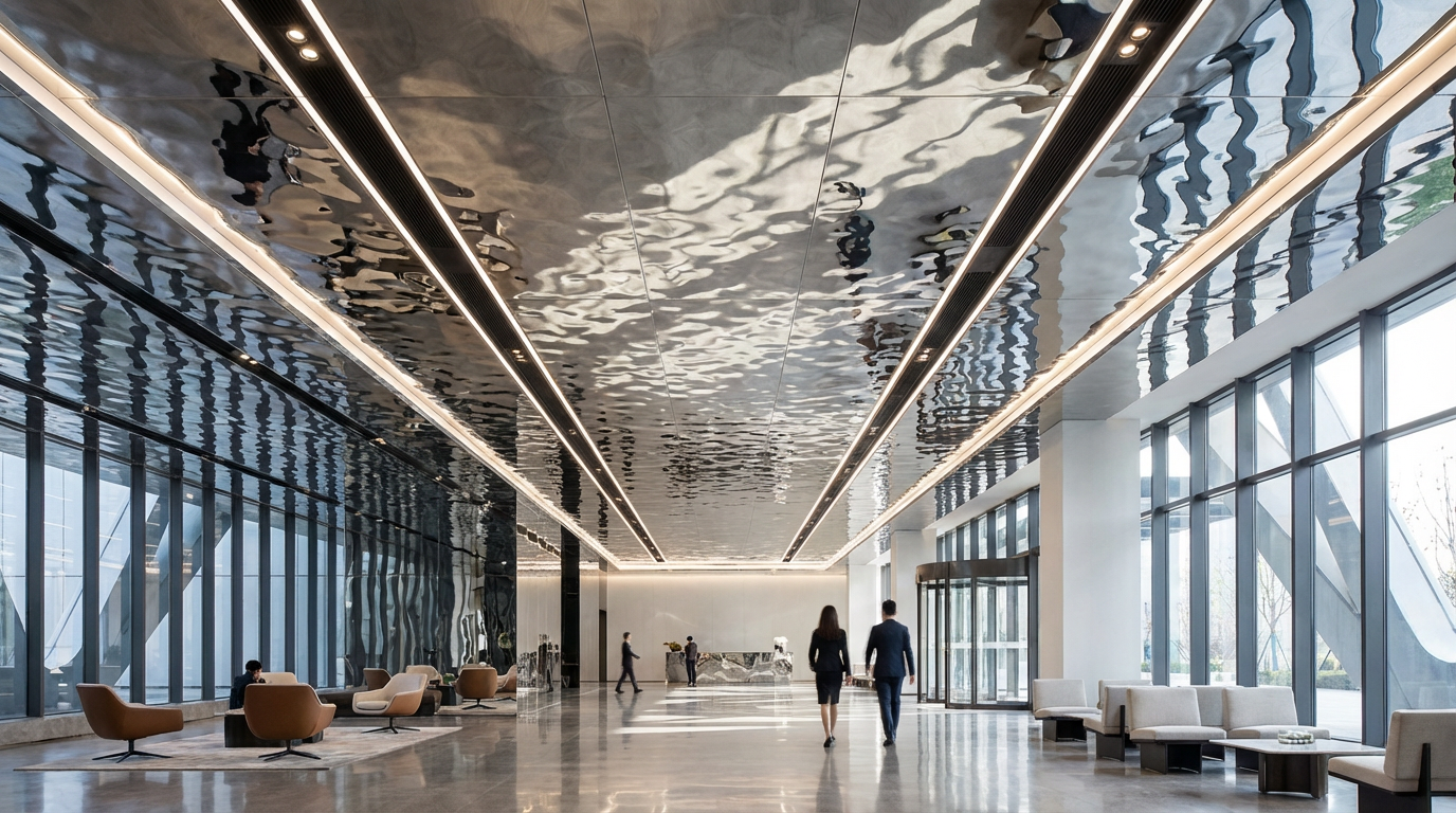 Liquid Light: The Transformative Power of Sculptural Stainless Steel Ceilings in Modern Lobbies